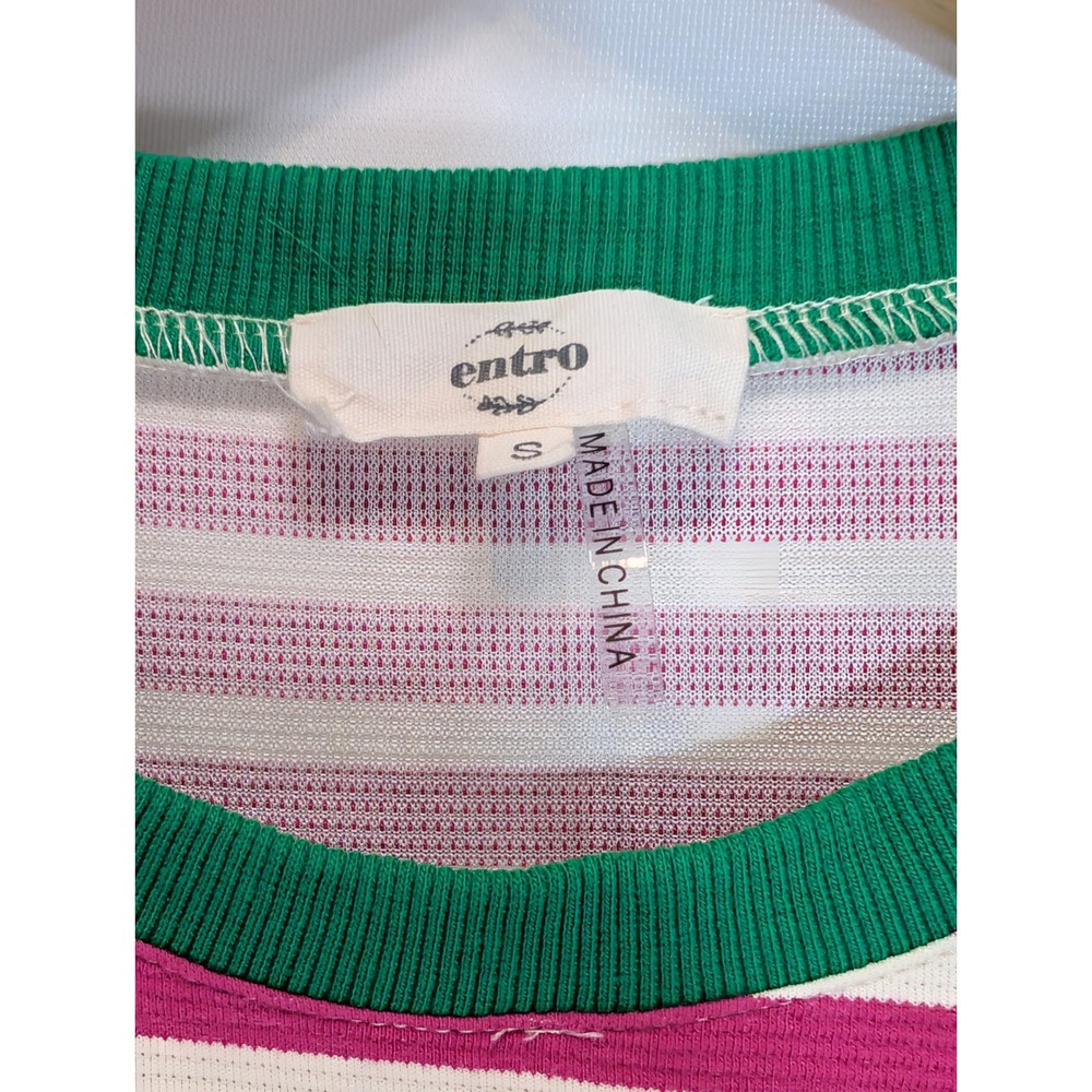 Entro Magenta White Striped Puff Sleeve Knit Top Green Trim Small - Picture 2 of 4